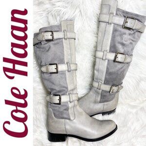 COLE HAAN Avalon Tall Leather 3-Buckle Stretch Panel Flat Boots Gray, Size 7.5